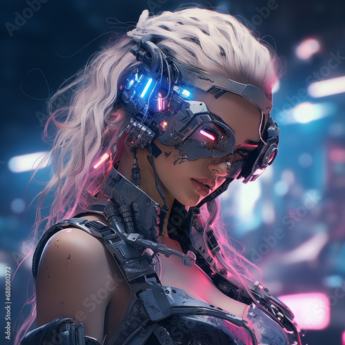 Realistic portrait of a sci-fi neon cyberpunk girl in a cyber suit. High-tech futuristic man from the future. The concept of virtual reality and cyberpunk. Created using generative ai tools.