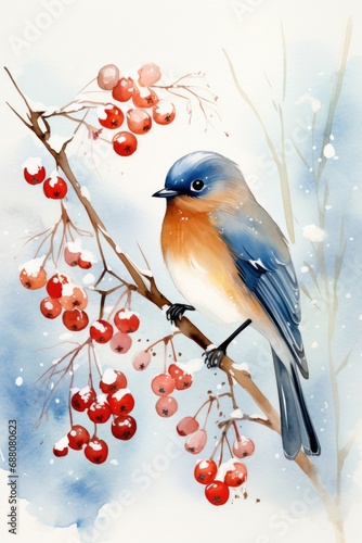 A painting of a bird sitting on a branch of a tree. © tilialucida