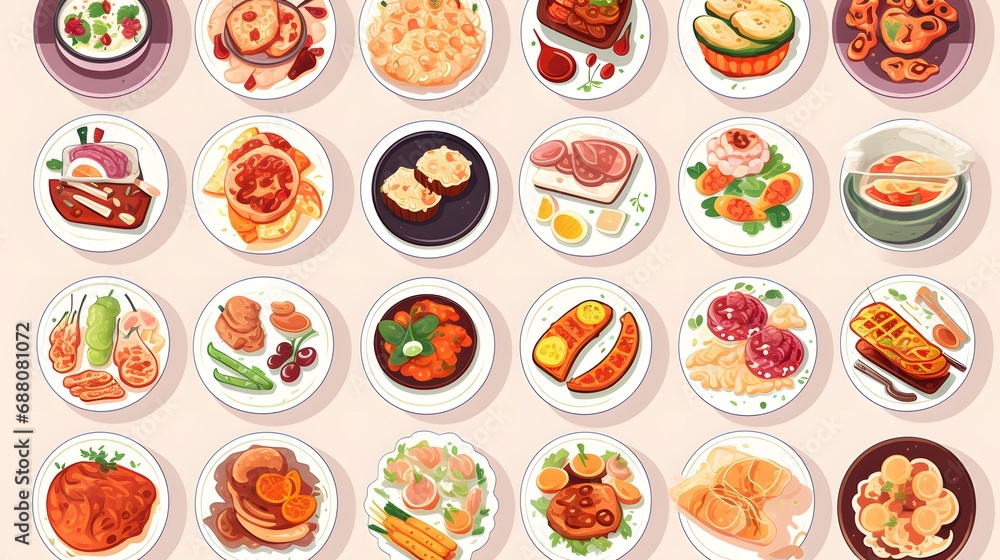 Various food dishes stickers set. Cute sticky labels decorated with Top view for cuisine of different countries. Flat Art Vector Illustration Various food dishes stickers set. Cute sticky labels decorated with Top view for cuisine of different countries. Flat Art Vector Illustration