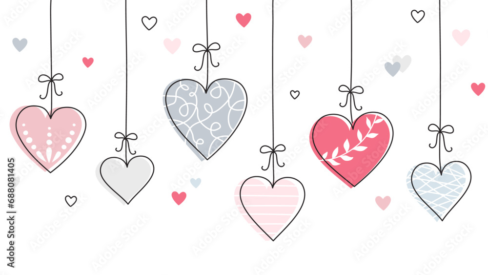 Valentine's day heart seamless border, hanging hearts doodle frame vector.