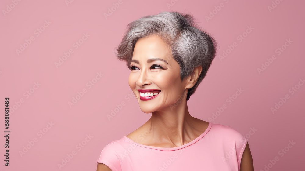 Elegant, smiling, elderly, chic Asian woman with gray hair and perfect skin on pink background banner. Elegant, smiling, elderly, chic Asian woman with gray hair and perfect skin on pink background banner.