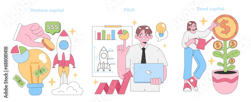 Startup funding set. Hand investing in innovative ideas, presenter showcasing growth, and woman nurturing seed capital. Venture capital, dynamic pitch, and initial seed funding. vector illustration.