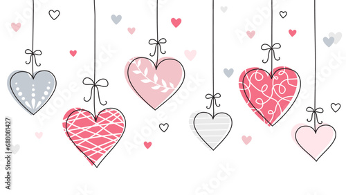 Hearts hanging from strings border vector, hearts doodle frame design