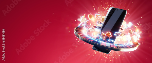 Creative background, casino paraphernalia flying around the smartphone, chips dice dice cards. Online casino concept, gambling on the internet. 3D render, 3D illustration, Copy space, template.