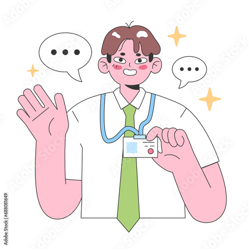 Friendly doctor introduction concept. Cheerful physician waving hand with ID badge, ready for consultation. Health care communication. Flat vector illustration.