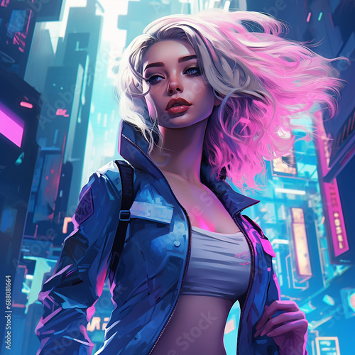 Realistic portrait of a sci-fi neon cyberpunk girl in a cyber suit. High-tech futuristic man from the future. The concept of virtual reality and cyberpunk. Created using generative ai tools.