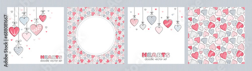 Hearts doodle design, set of four square banners, valentine's day card collection, seamless pattern of hand drawn hearts.