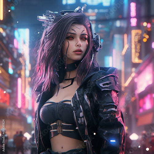 Realistic portrait of a sci-fi neon cyberpunk girl in a cyber suit. High-tech futuristic woman from the future. The concept of virtual reality and cyberpunk. Created using generative ai tools