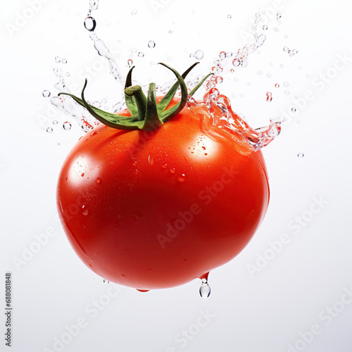 Red tomatoes in water splashes, isolated against a white background