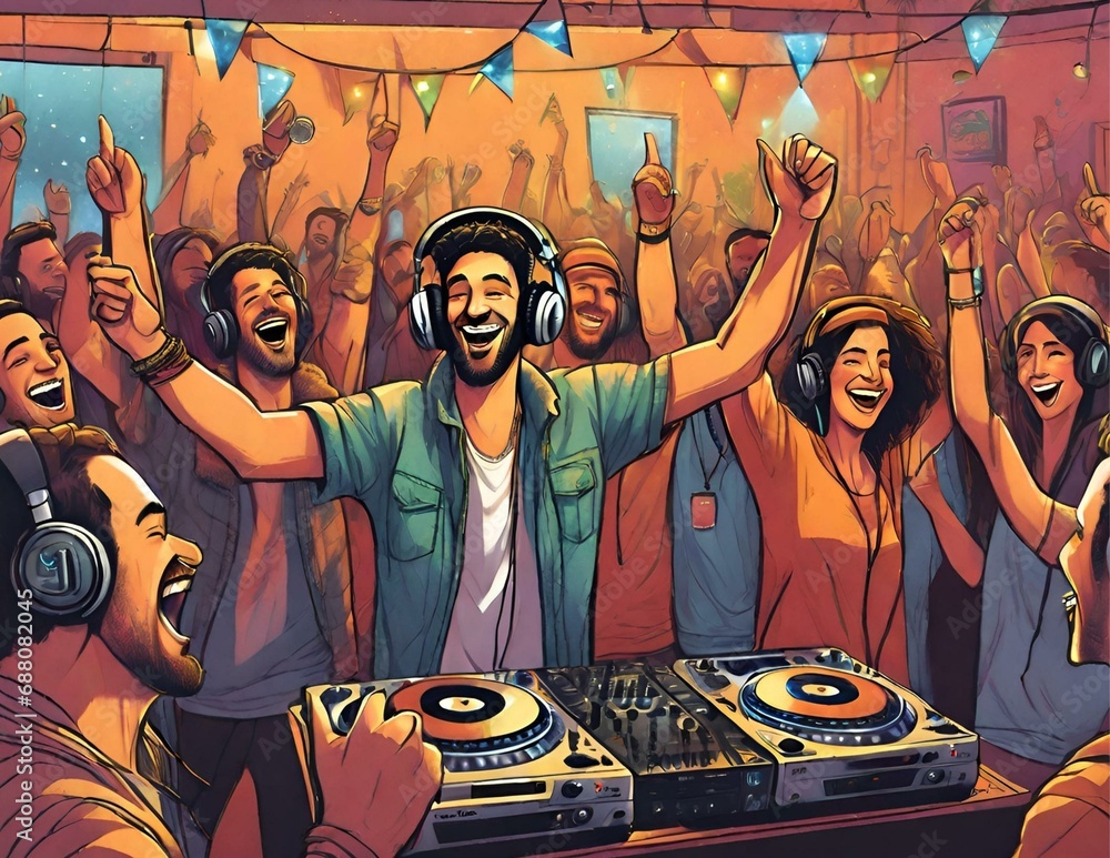 DJ  Party Happy people cheering  atmosphere, winter Holiday promotion, festival, animation, AI generative