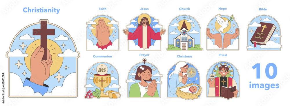 Christianity set. Sacred symbols and religious practices. Belief in Jesus and the Bible. Observance of Christmas and Communion. Flat vector illustration.