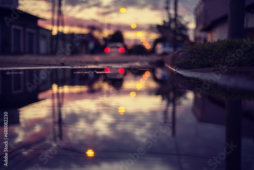 Fotografie Atardecer desde el reflejo de un chaco en la ciudad