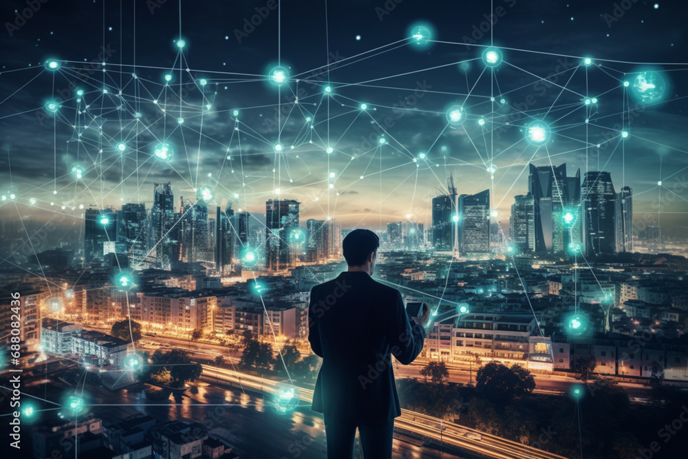 Person using a device in a 5G-powered urban environment, Cityscape with 5G infrastructure and connectivity nodes, Visualize high-speed data transfer and low latency, connected Person using a device in a 5G-powered urban environment, Cityscape with 5G infrastructure and connectivity nodes, Visualize high-speed data transfer and low latency, connected