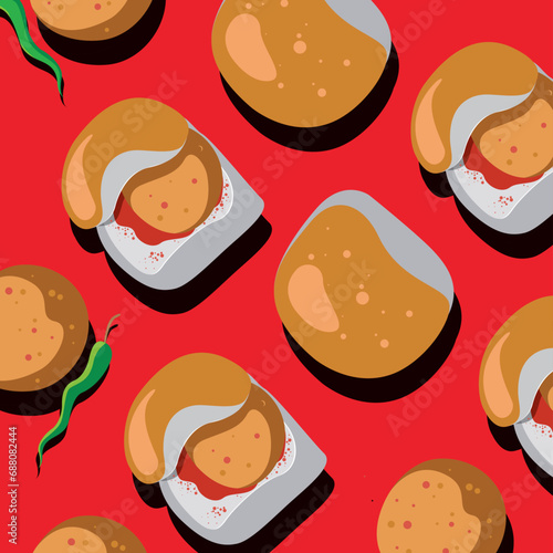 Vada Pav OR Wada Pao is Indian OR Desi Burger, is a roadside fast food dish from Maharashtra. Vector, illustration, colorful graphic