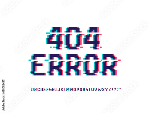 Error 404 glitch style banner and font type. Pixel Page not found concept. System error cyberpunk glitch font type and alphabet. Pixel 8-bit font type distortion effect. 404 error vhs glitch effect