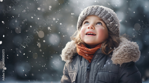 Child experiencing snow for first time, AI Generated photo