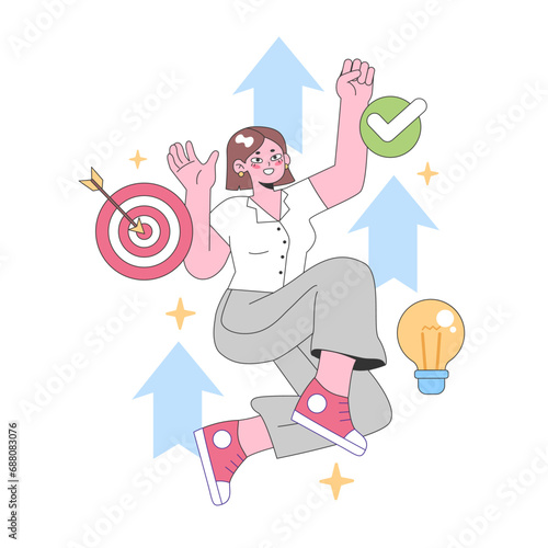 Achieving goals with precision. Energetic woman hits the target, celebrates success, and brightens with innovative ideas. Target, accomplishment, illumination. Flat vector illustration