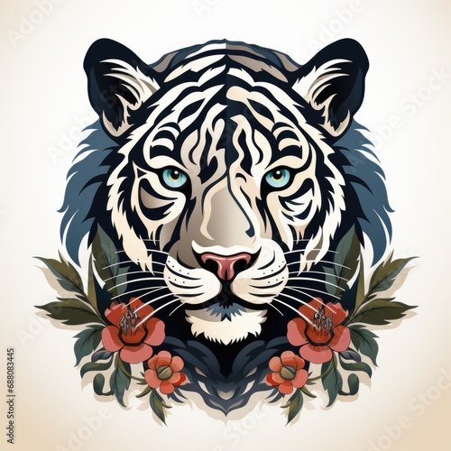 A white tiger with blue eyes and flowers.