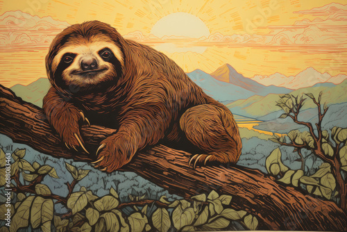 Art life of sloth in nature, block print style