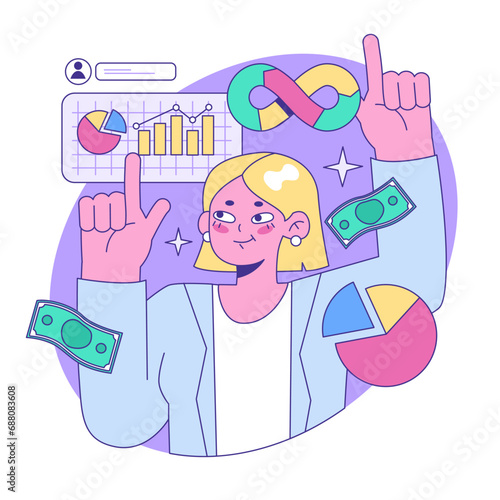 Mutual fund. Investment fund, asset portfolio invested in stocks. Young character investing money with the prospect of profit. Modern investment vehicle. Flat vector illustration