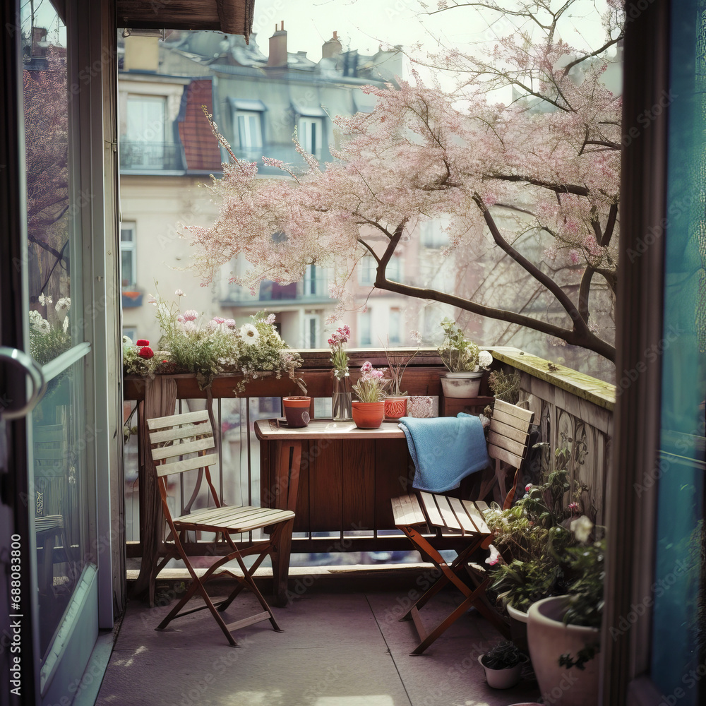 Cozy terrace with wooden table and chairs. Building and floweting tree on background