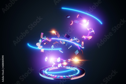 Creative background, casino template, gambling. Casino paraphernalia flying around roulette, chips dice dice cards. 3D render, 3D illustration, Copy space, template.