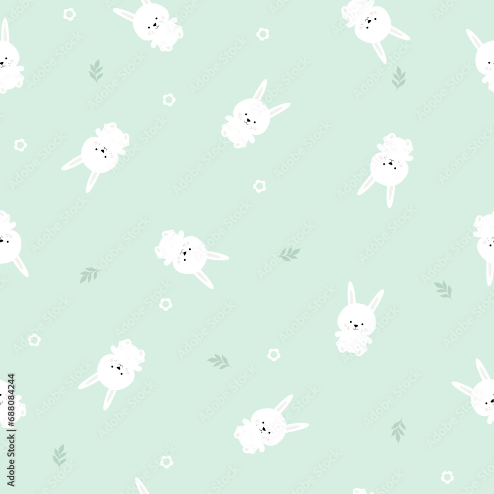 Seamless pattern with rabbit, daisy flower and leaf  on pastel background vector illustration.
