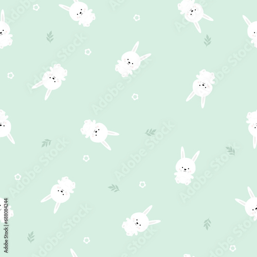Seamless pattern with rabbit, daisy flower and leaf on pastel background vector illustration.
