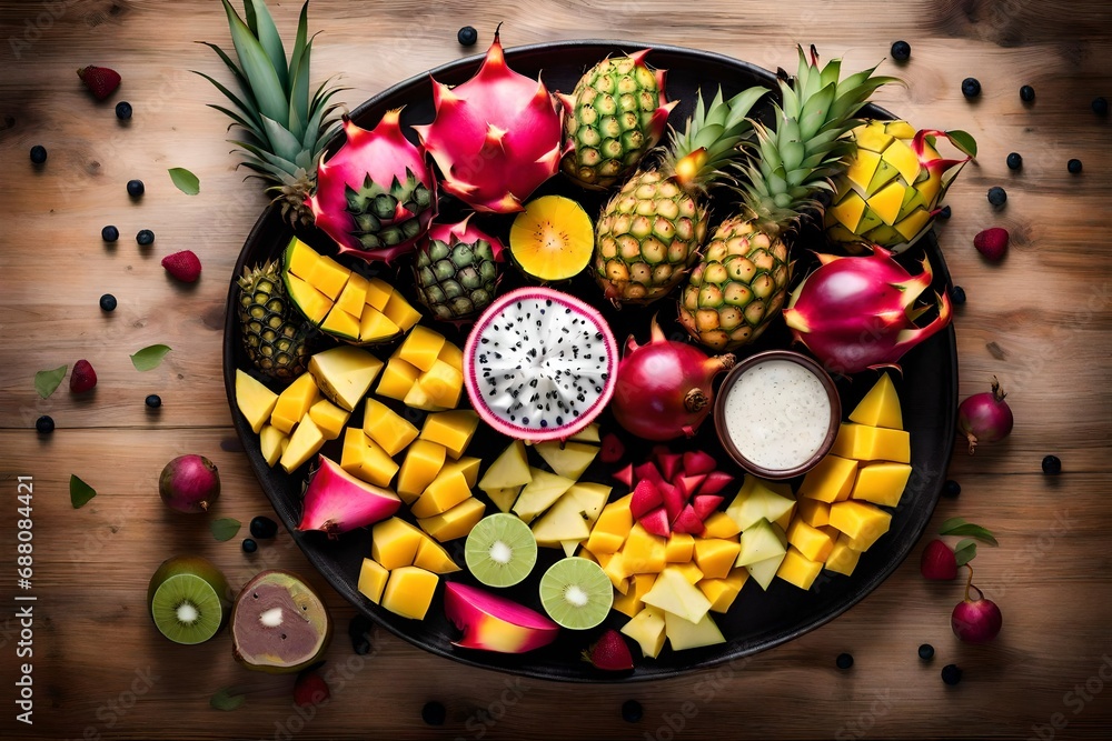 An overhead view of a tropical fruit platter featuring exotic fruits such as dragon fruit, pineapple, and mango.