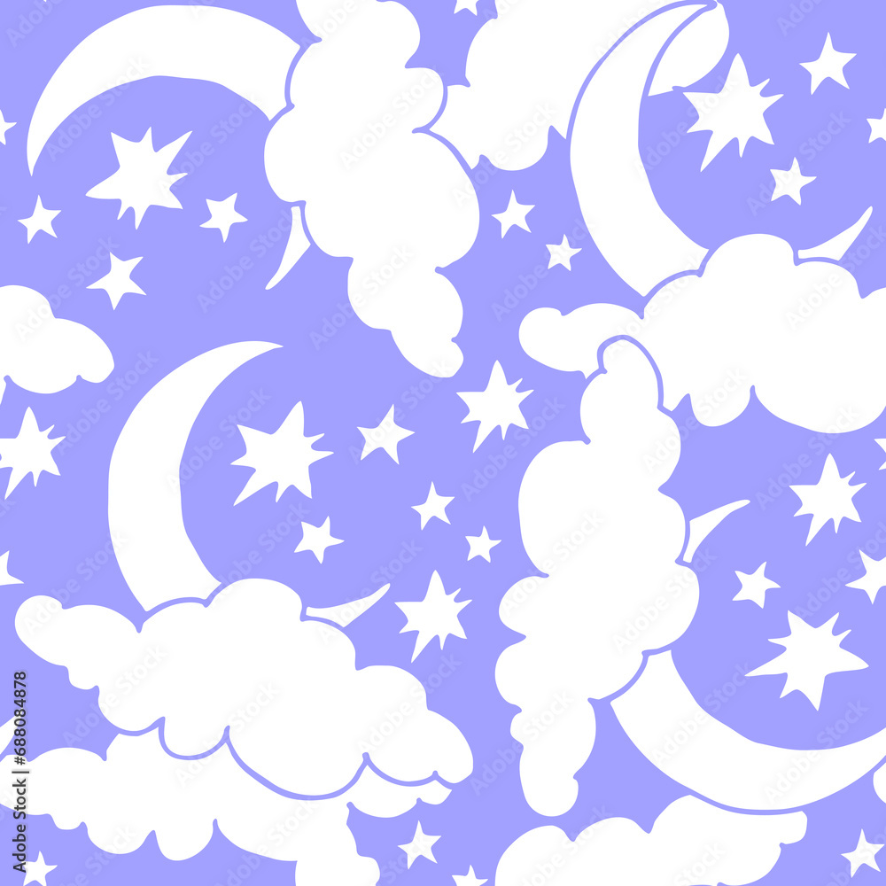 Starry night seamless vector pattern with moon, stars and clouds. Boho style decorative background for wallpaper, digital paper, wrapping design, fashion fabric, textile print. Hand drawn illustration