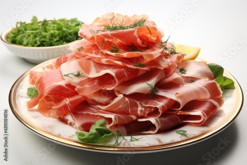 A plate of ham with a bowl of peals in the background.