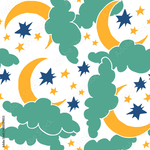 Starry night seamless vector pattern with moon  stars and clouds. Boho style decorative background for wallpaper  digital paper  wrapping design  fashion fabric  textile print. Hand drawn illustration