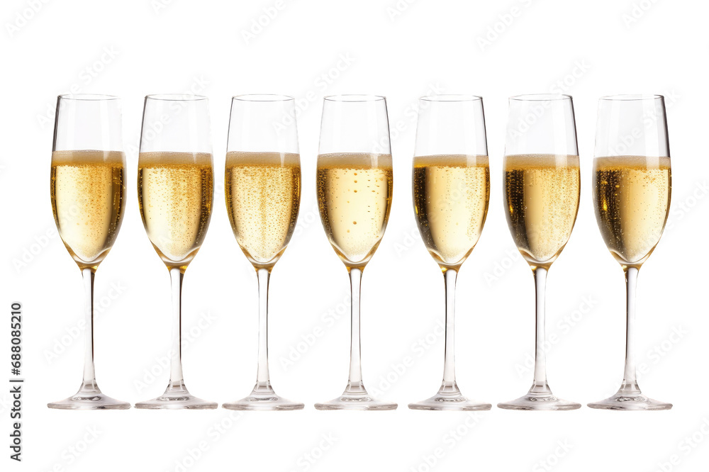 Various glasses of champagne in a row with bubbles isolated on a cut out PNG transparent background Various glasses of champagne in a row with bubbles isolated on a cut out PNG transparent background