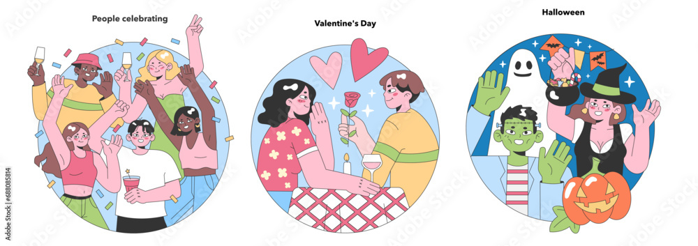 Celebratory Vibes set. Diverse friends toast on New Year, share love on Valentine's, and dress up for Halloween. Flat vector illustration