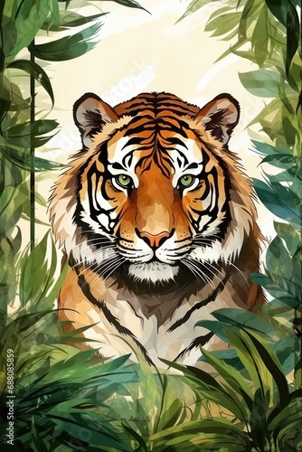 A painting of a tiger in the jungle.