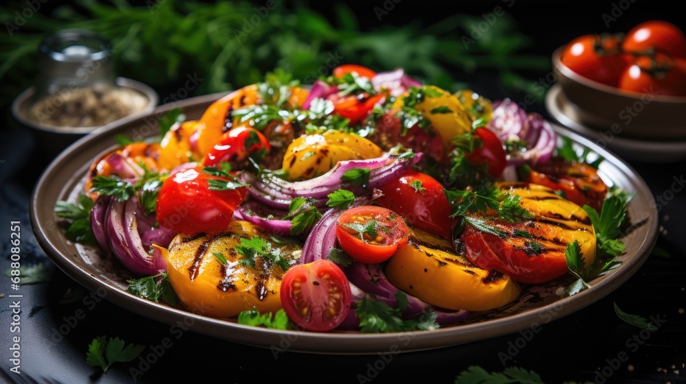 A plate of grilled tomatoes and onions on a table. A plate of grilled tomatoes and onions on a table.