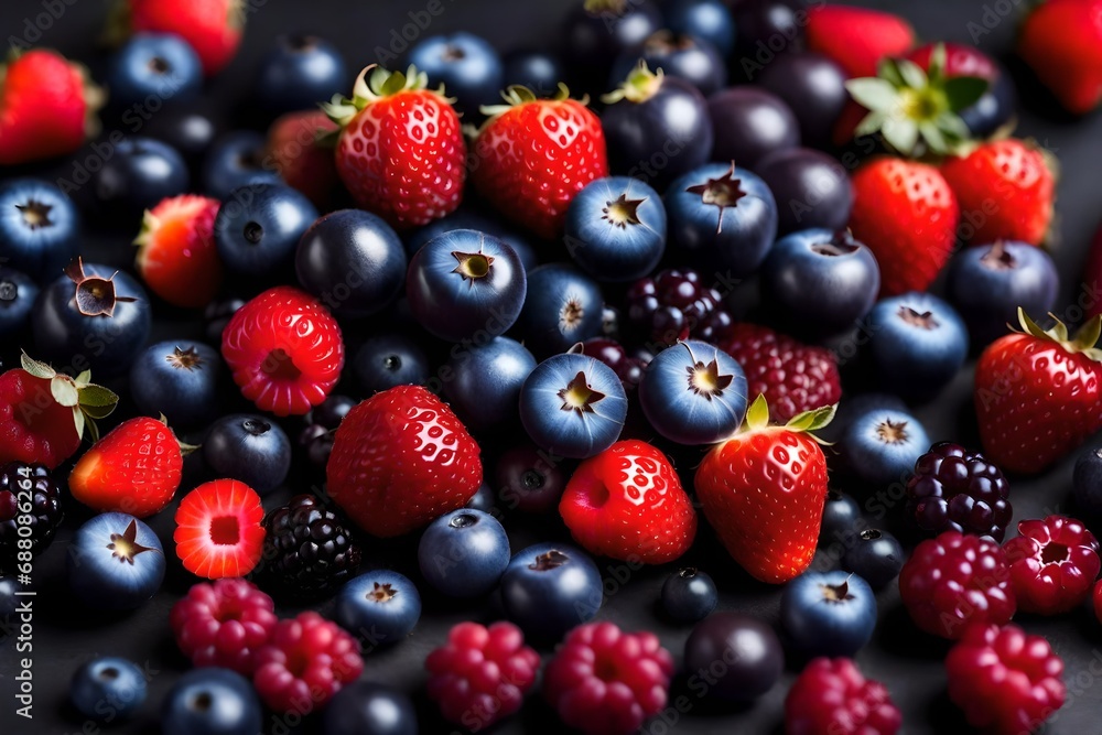 A macro photograph of a bowl of fresh berries, including strawberries, blueberries, and raspberries. A macro photograph of a bowl of fresh berries, including strawberries, blueberries, and raspberries.