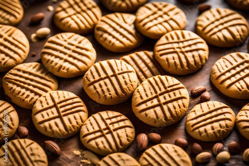 A macro shot of peanut butter cookies with crosshatch patterns, highlighting the rich texture and nutty aroma.