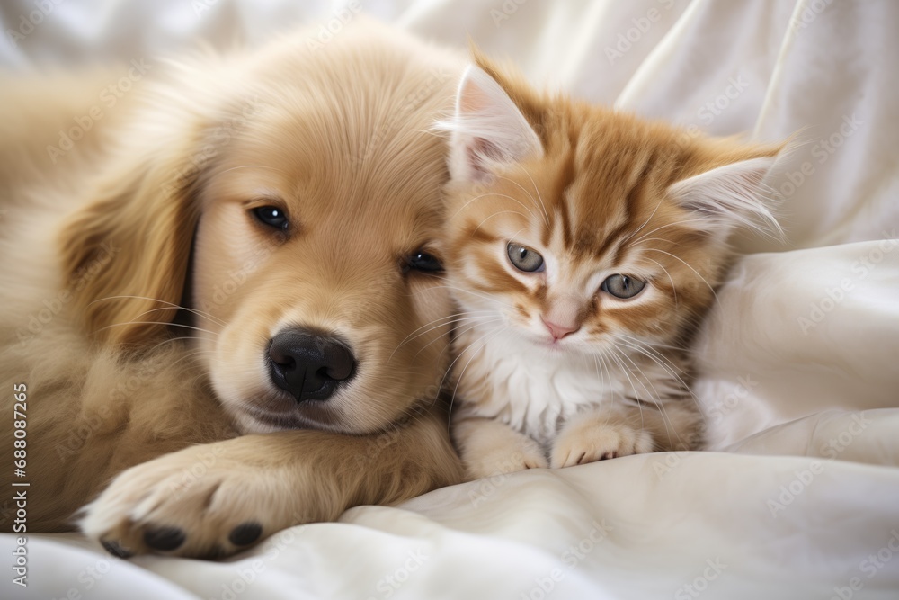 Cute golden retriever dog with kitten Cute golden retriever dog with kitten