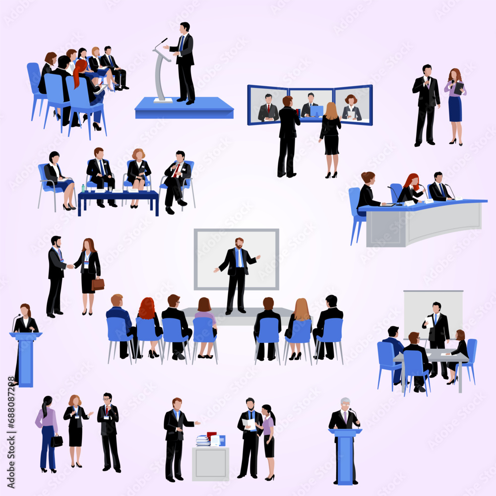 public speaking people flat icons collection with conference meetings