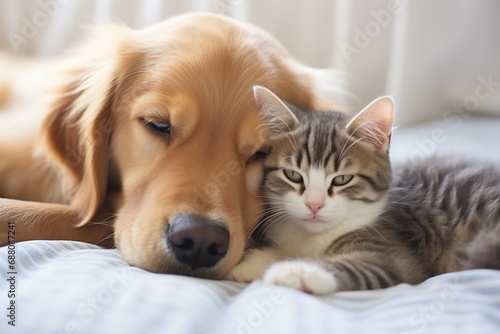 Cute golden retriever dog with kitten