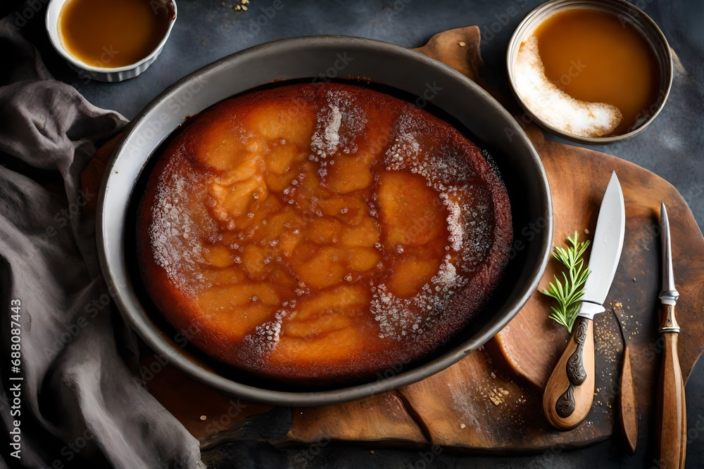A high-definition image of a South African Malva Pudding, showcasing its sticky caramelized exterior and soft, warm center. A high-definition image of a South African Malva Pudding, showcasing its sticky caramelized exterior and soft, warm center.