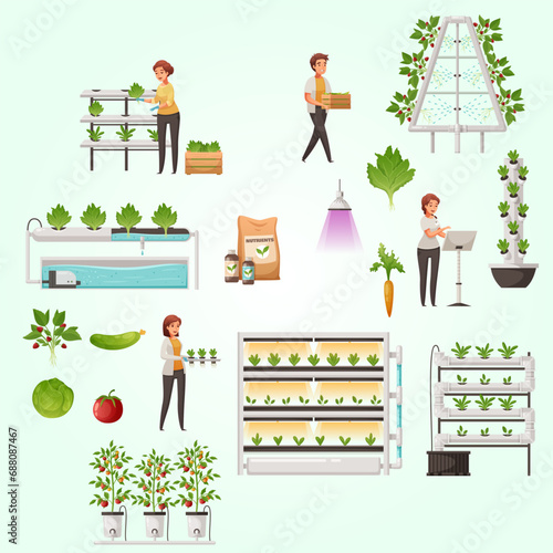 greenhouse farming set with vertical hydroponics aeroponics symbols cartoon vector illustration