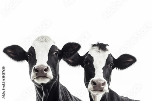 Close-up, headshot of two young, black and white Friesian calves, isolated on a white background