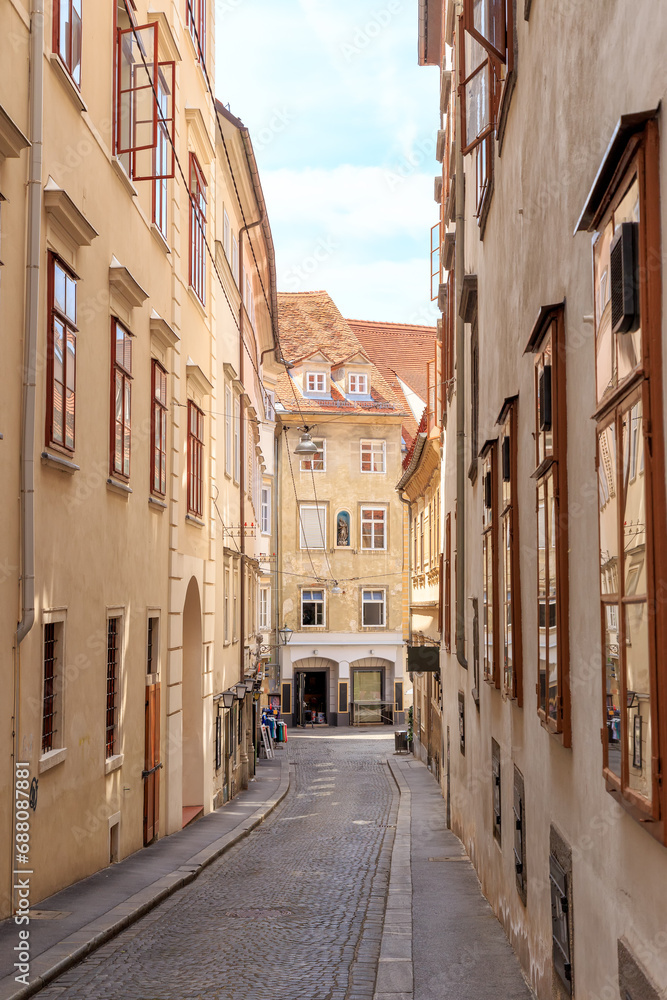 Graz, Austria - July 19, 2019: The historic city center. Abraham-a-Santa-Clara-Gasse Street