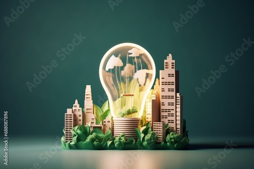 Revolutionizing Energy A Paper Cut Light Bulb with a Green Eco City Carbon Neutrality Reducing Greenhouse Gas Emissions Renewable Energy Creative Saving Ideas