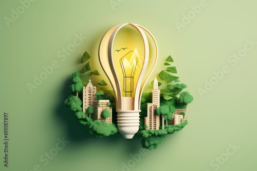 Revolutionizing Energy A Paper Cut Light Bulb with a Green Eco City Carbon Neutrality Reducing Greenhouse Gas Emissions Renewable Energy Creative Saving Ideas