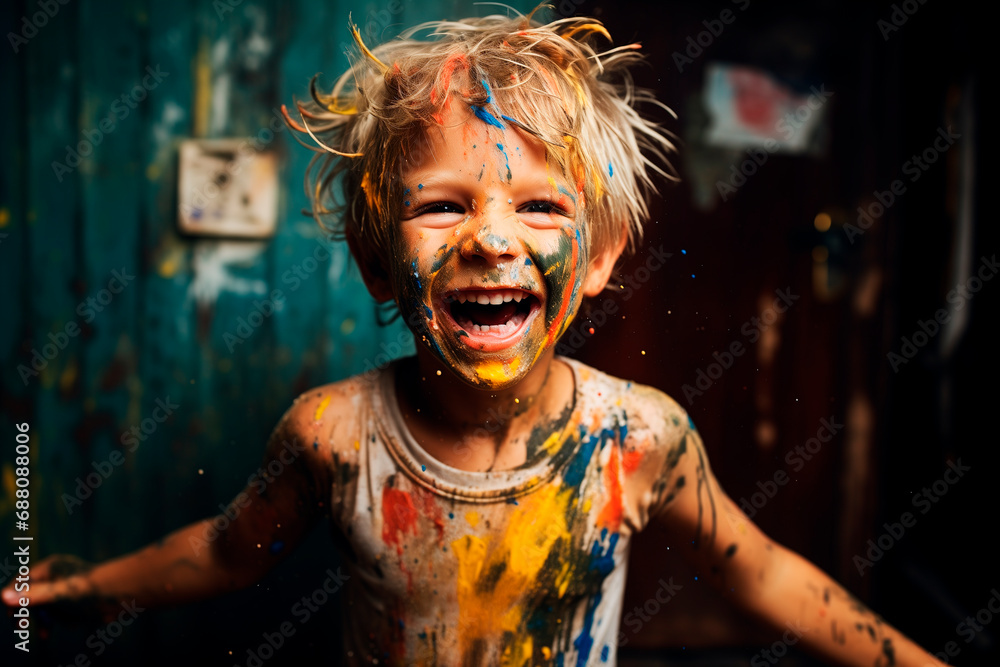 The happy little boy dirty with paint, yellow, blue, blonde, colorfull The happy little boy dirty with paint, yellow, blue, blonde, colorfull