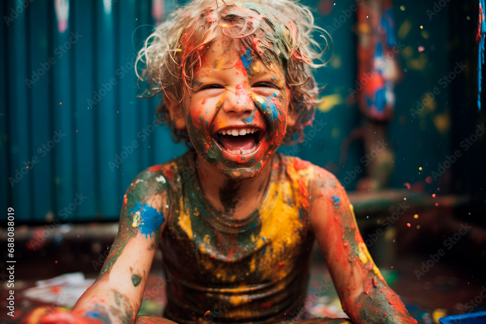 The happy little boy dirty with paint, yellow, blue, blonde, colorfull