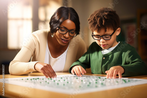 Braille lesson in inclusive elementary, primary school. Teacher and visually impaired child in glasses. Fostering early literacy through tactile learning. World Braille Day concept